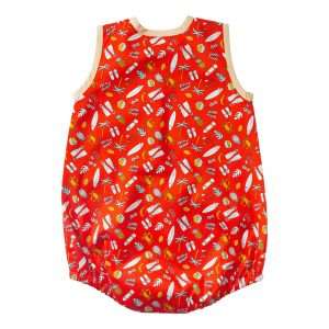 Flatlay of rear side of red onesie with a round neckline, front button placket and an all-over fun print