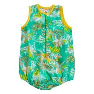 Infant sleeveless onesie with green palm tree print