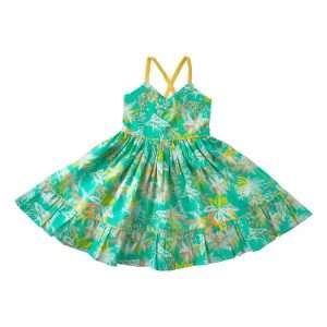 Beach theme girls strap dress in green with a wide skirt ruffle