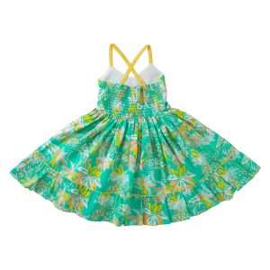 Rear image of tropical print strappy dress with elastic waistline, ruched back, and ruffled hem