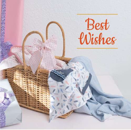 An e-card featuring a cane basket with a pink bow with hand-embroidered clothing with the words "Best Wishes"