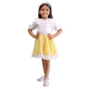 Girl with long hair wears a yellow print lace edged skirt and white blouse with ruffle collar