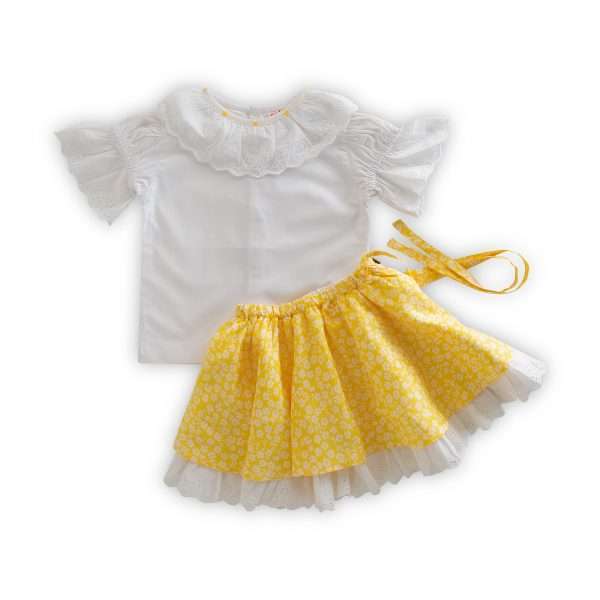 Girls skirt and blouse set for casual everyday wear with lace trims