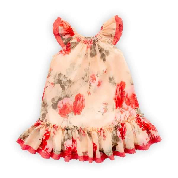 Girls dress in peach and red roses print with matched lace trims and smocking neckline with flutter sleeves