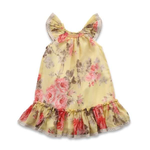 Yellow floral chiffon polyester smocked girls dress with lace trims