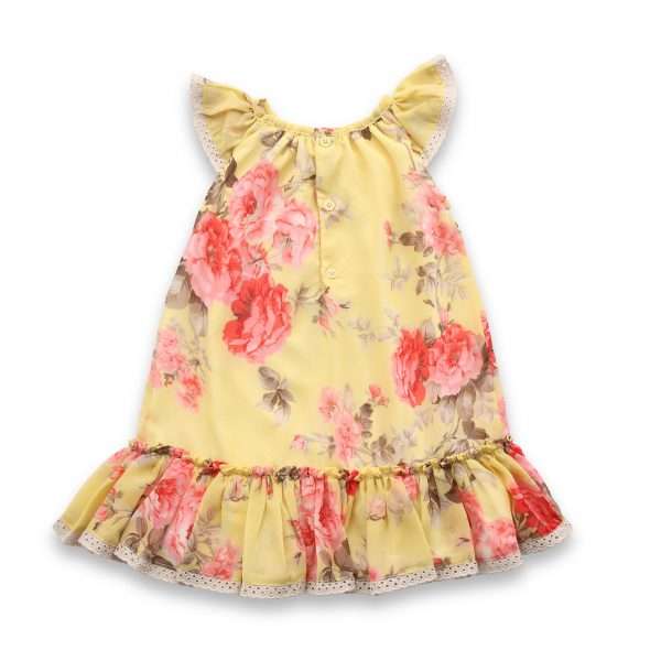 Back view of a bishop dress in a yellow and coral rose printand tan lace edging