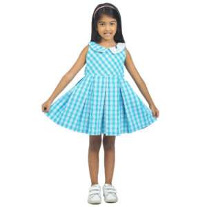 Box pleated fit and flare girls dress in blue checks
