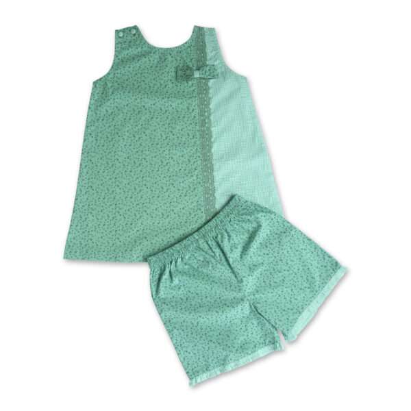 Sleevelss A-line girls tunic and matched shorts in a green print and gingham combo with matched lace trims