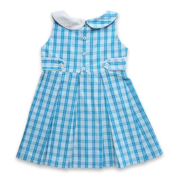 Blue plaid fit and flare girls dress with back tabs