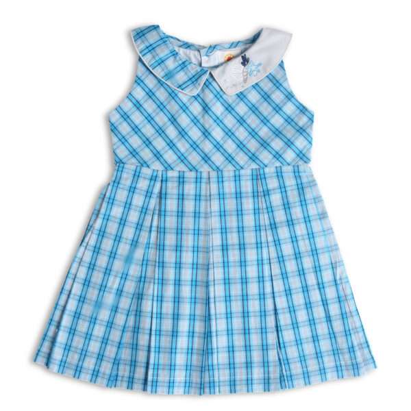 Grey and blue plaid sleeveless dress with a mismatched collar with hand embroidered details