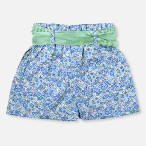 Rear image of blue floral paper bag shorts with removable fabric belt