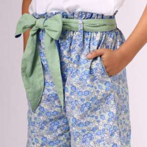 Blue floral paperbag shorts with reversible cloth belt