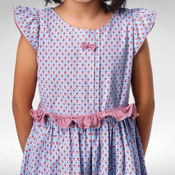 Blue print dress with red check ruffle belt