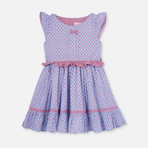 Red and blue print girls casual dress with red gingham lining and bow and belt trims