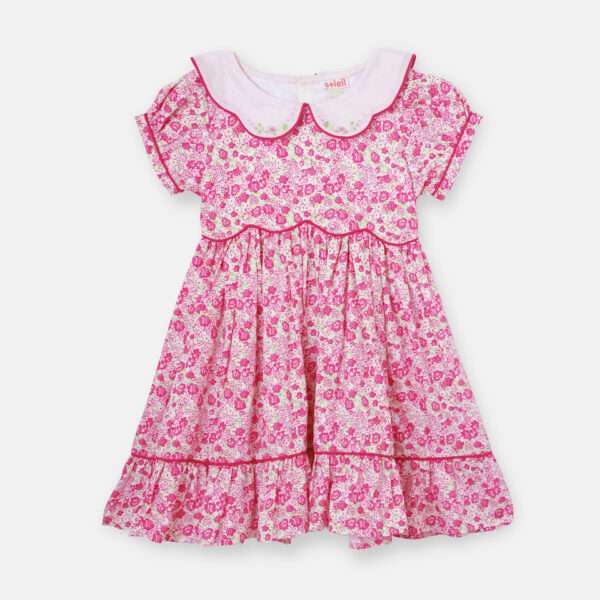 Girls print dress in pink with scallop waistline and collar with hand embroidery