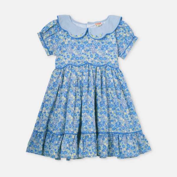 Blue floral print girls cotton dress with embroidery scallop collar