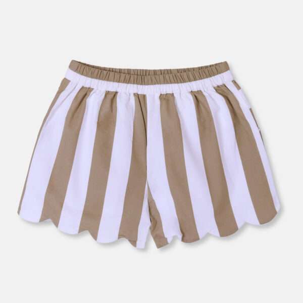 Broad tan and white stripe girls pull on shorts with elasticated waistline