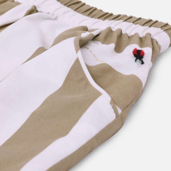 Close-up of lady bird embroidery on the pocket of scallop hem shorts in tan and white stripes