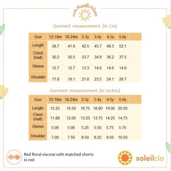 Size chart for girls shorts and blouse set