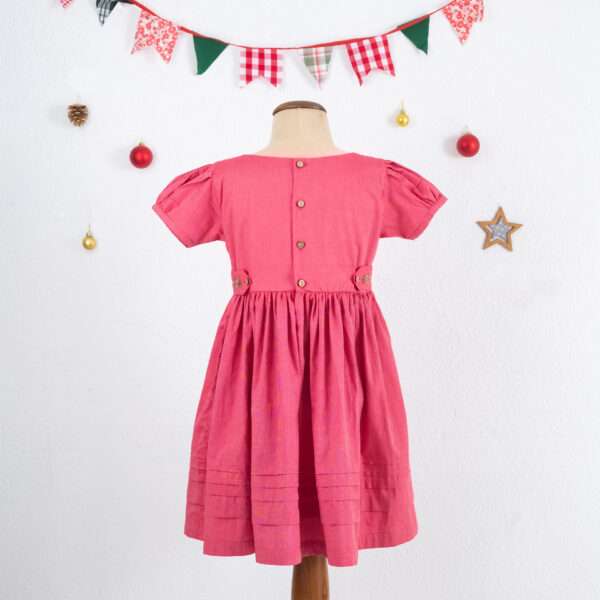 Rear mannequin shot of pink cotton dress with rear buttons and back tabs