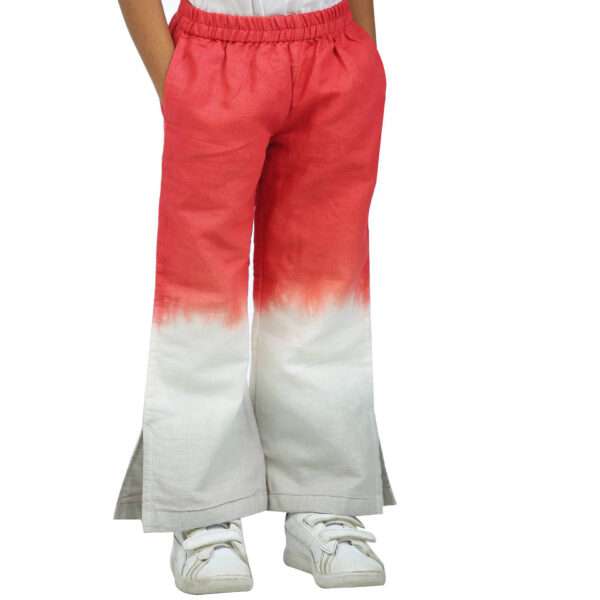 Girls bootleg pants tie dyed in coral and grey
