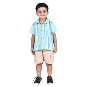 A boy in turquoise blue chambray half sleeve cotton shirt with stripes in shades of blue and a spacious chest pocket