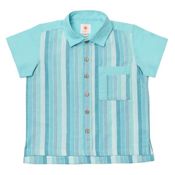 Flatlay of turquoise blue chambray half sleeve cotton shirt with stripes in shades of blue and a spacious chest pocket