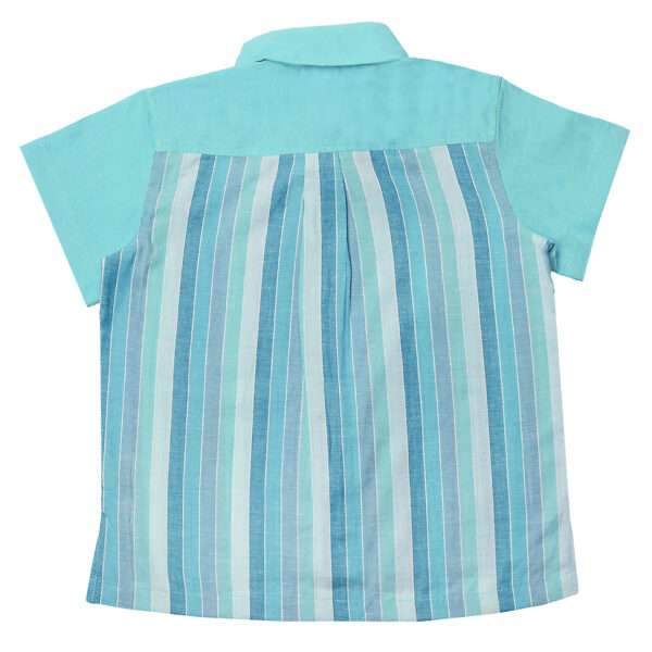 Flatlay of turquoise blue chambray half sleeve cotton shirt with stripes in shades of blue and a spacious chest pocket