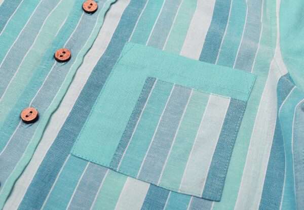 Size chart of turquoise blue chambray half sleeve cotton shirt with stripes in shades of blue and a spacious chest pocket