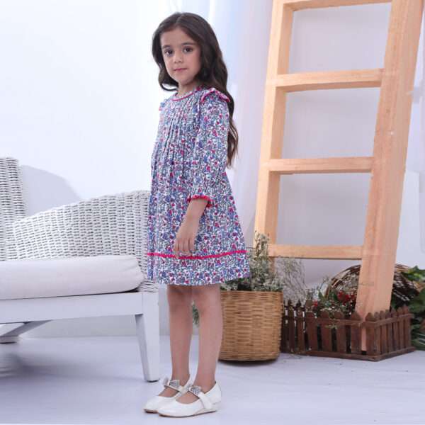 Girl standing by a chair wearing a full sleeve A-line pleated dress in a blue floral with a pink ric rac trim
