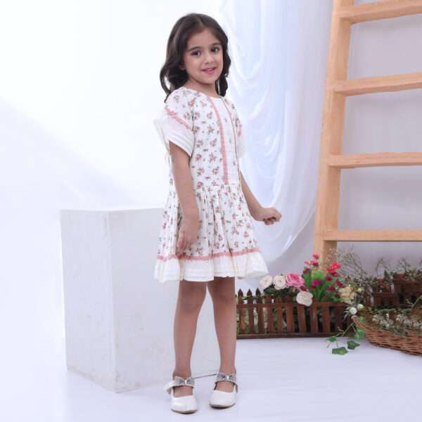 Little girl in drop waist floral printed ivory cotton dress with hand embroidered bodice