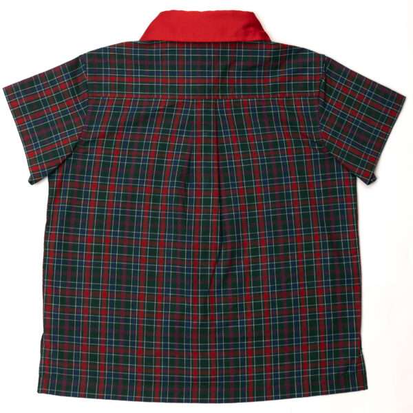Rear image of green and red tartan checked shirt with red collar and double pocket