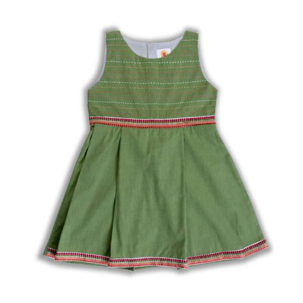 Sleeveless green filafil cotton girls fit and flare dress with ethnic hand embroidery