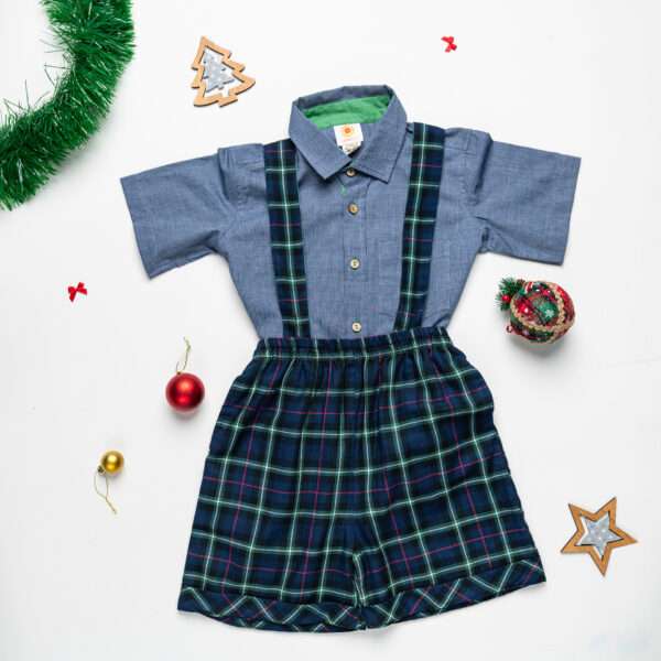 Navy boys shirt with navy elasticated plaid shorts and suspenders