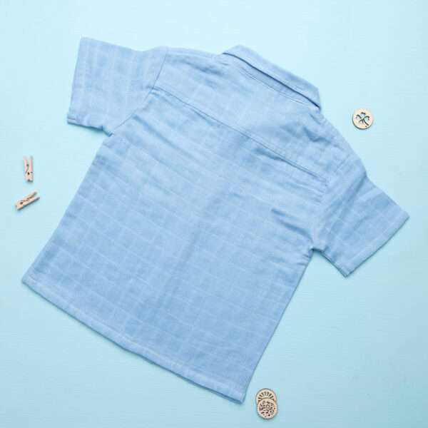 Flatlay of rear side of light blue button down gauze shirt