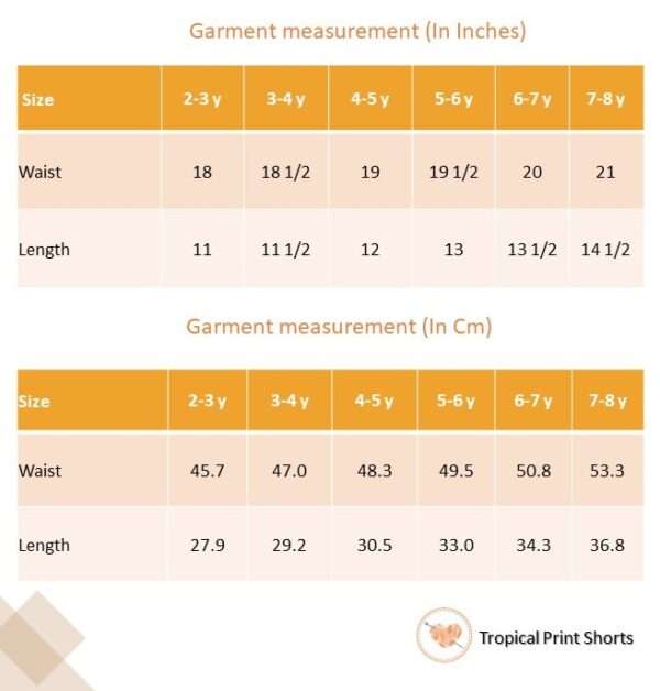 Size chart for tropical print shorts