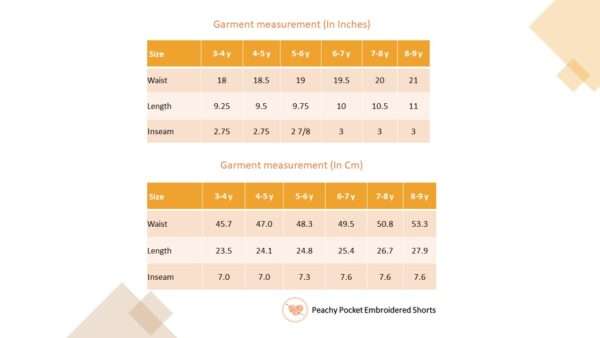 Size chart of peachy pocket embroidered shorts