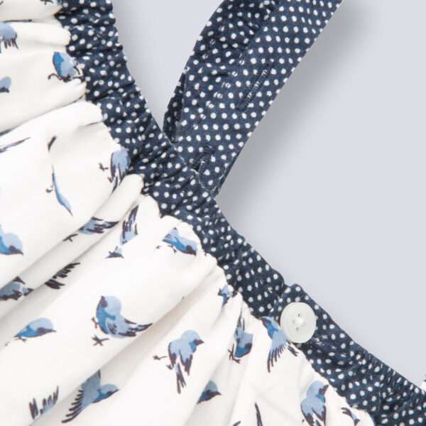 Close-up of straps in strappy shoulder dress with blue bird print and tiny ruffles on the straps in navy dot fabric