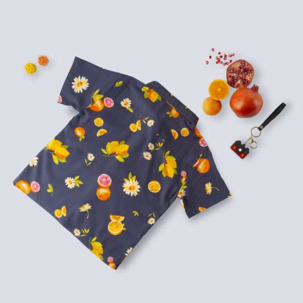 Flatlay of the rear side of navy fruit printed cotton shirt for boys