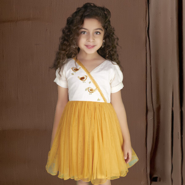 A smiling girl wears mustard bird embroidered dress, featuring sequin embellishments, posing straight