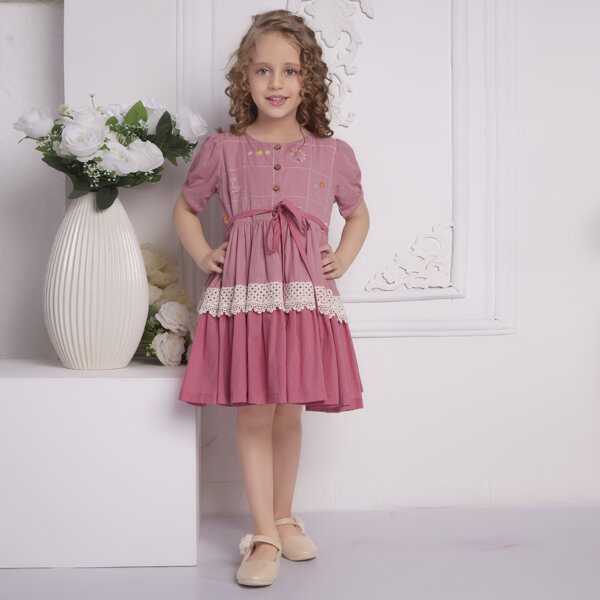 With hands on hips, a young girl posing in a pink ombre embroidered dress