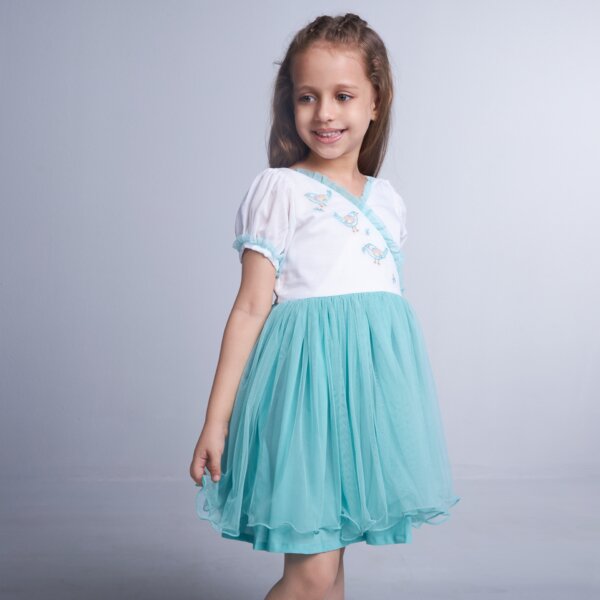 A girl wears an aqua blue bird embroidered crossover tulle dress embellished with delicate pastel bird embroidery