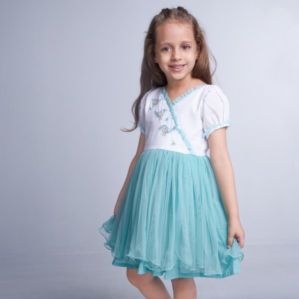 Dressed in an aqua blue embroidered dress, a girl showcases delicate pastel bird embroidery with a V-shaped ruffled neckline